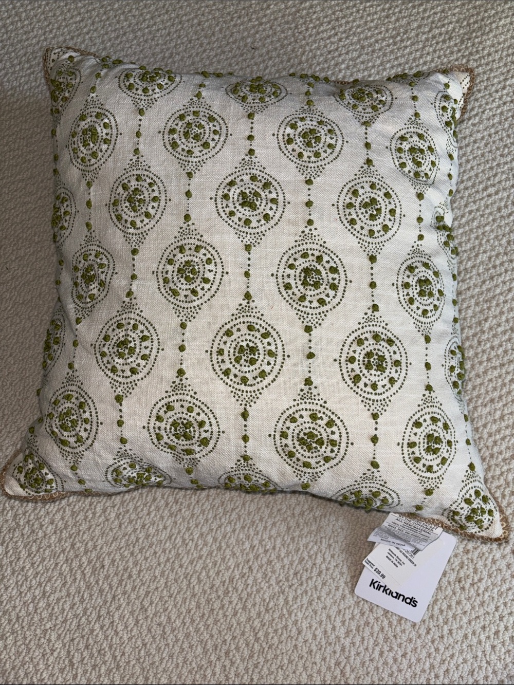 Kirklands Olive Green and White Medallion Accent Pillow